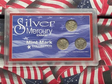 Silver Mercury Dime Mint Mark Collection in Display