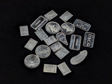 (20) 1 Gram Each .999 FINE SILVER, Various Designed Miniature Rounds & Art Bars (20 PCS - 20 Grams