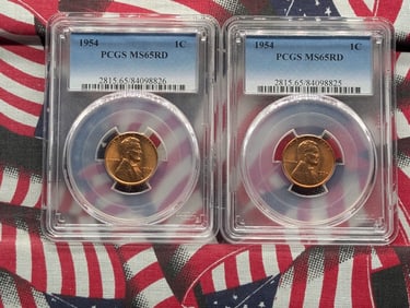(2) 1954 Lincoln Wheat Cents Both PCGS MS65RD, Top Teir Grader!