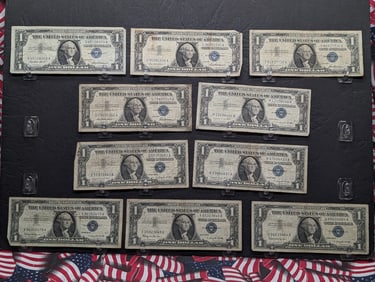 (10) One Dollar Silver Certs (4) 1957, (3) 1957A, (3) 1957B