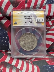 1923-S Monroe Doctrine Commemorative Half Dollar, ANACS AU58, Top Teir Grader!
