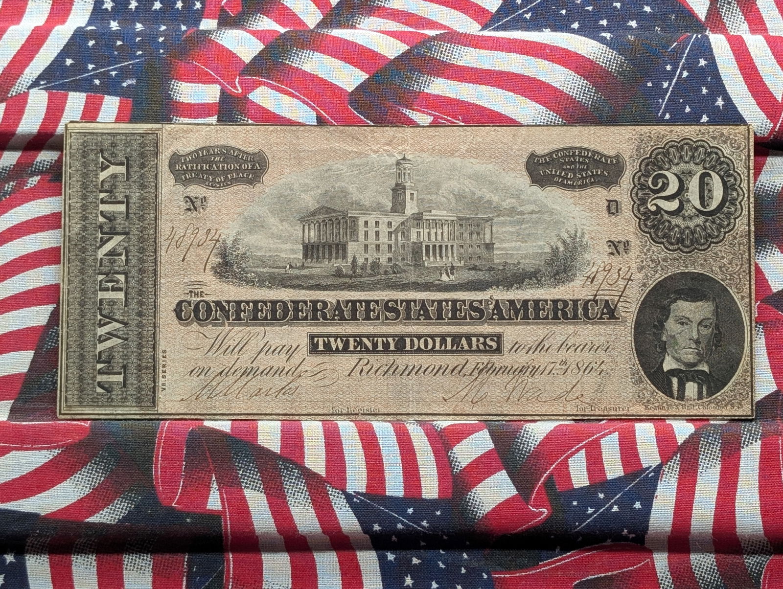 February 17th, 1864 Series VII $20.00 Obsolete Confederate Note (1 of 3)