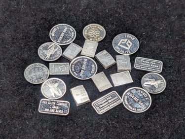 (20) 1 Gram Each .999 FINE SILVER Various Designed Miniature Rounds & Art Bars (20 PCS - 20 Grams