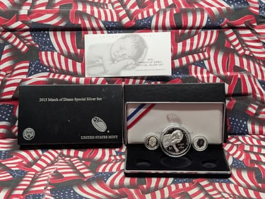 2015-P&W PROOF & REV PROOF March of Dimes Commem 3-Coin Special Silver Set in OGP w/ COA