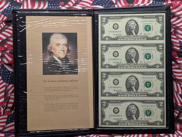 Uncut Sheet of Four 2003 A Series $2.00 Federal Reserve Notes in Display Book