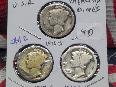 1916-S, 1917-S, & 1919-S Silver Mercury Dimes - All 90% Silver