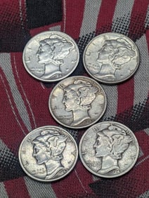 (5) 1942 P Mercury Dimes - All 90% Silver