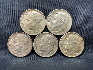 Five 1964 Roosevelt Silver Dimes - All 90% Silver