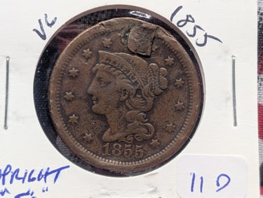1855 Braided Hair Large Cent - 170 Years Old! - Lower Mintage!
