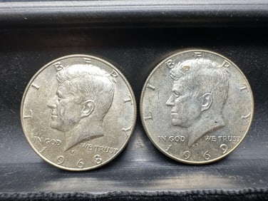 1968-D and 1969-D Kennedy Silver Half Dollars - 40% Silver