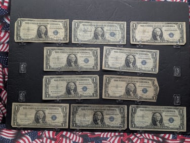 10 - $1 Silver Certificate. All Dated 1935. Average Circulated - (3) 1935-A's, (1) 1935-B, (1)