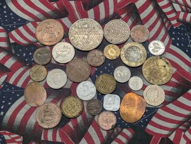 (25) Assorted Foreign Coins & 1944 Lincoln Wheat Cent