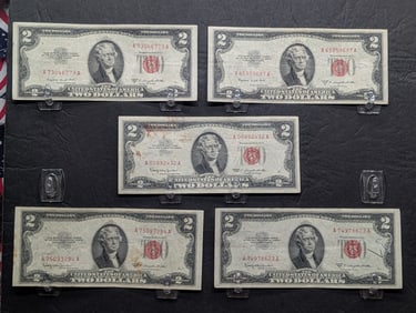 5 - $2 Red Seal Notes. Average Circulated - (2) 1953-B's, (2) 1953-C's, & (1) 1963
