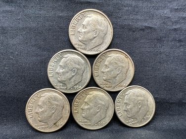 Six Roosevelt Silver Dimes - (1) 1963-D & (5) 1964-D - All 90% Silver
