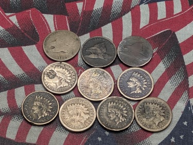 7 - Cull Copper Nickel Indian Head Cents + 3 - Cull Flying Eagle Cents.