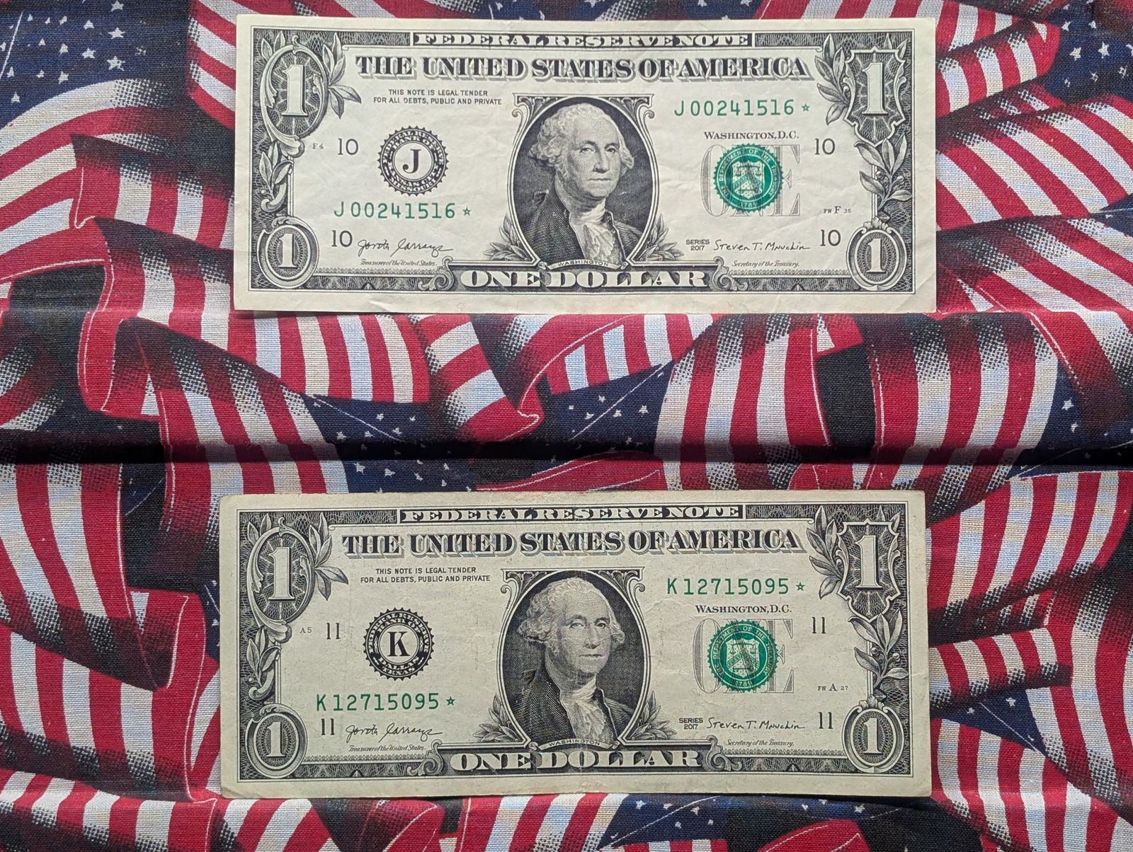 (2) 2017 Federal Reserve "Star" Notes, one with low S/N (1 of 6)