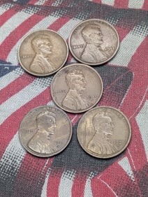 1909, 1911-D, 1915-D, 1917-D, + 1921-S Lincoln Wheat Cents. Circulated.