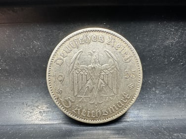 1935 German Silver 5 Reichsmark - 90% Silver - Potsdam Garrison Church