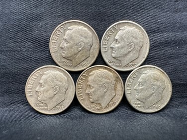 Five Roosevelt Silver Dimes, 1956D to 1960D - All 90% Silver