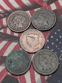 5 - Cull Braided Hair Large Cents With Dates.