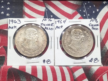 2 - Mexico Silver Pesos - Both 10% Silver & 16 Gr.