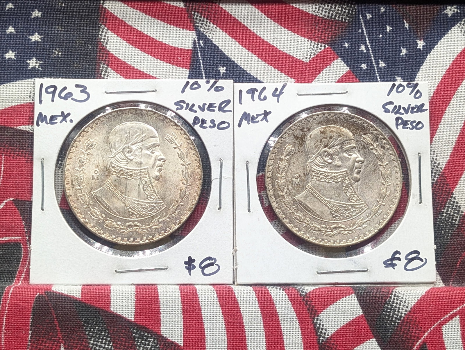 2 - Mexico Silver Pesos - Both 10% Silver & 16 Gr.: 2 - Mexico Silver Pesos - Both 10% Silver & 16 Gr.