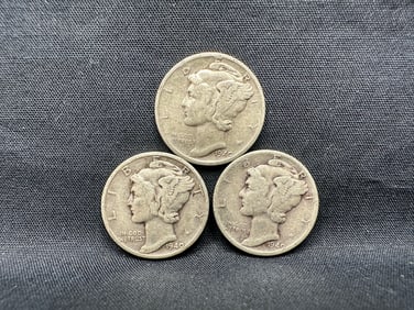 1940 P, D & S Mercury Silver Dimes - 90% Silver