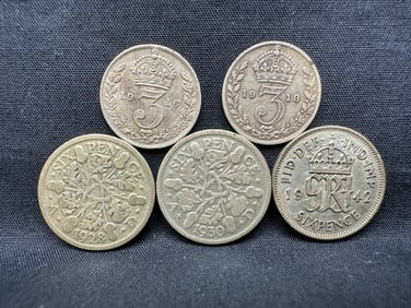 (2) British Silver Three pence (92.5% Silver) and (3) Sixpence (50% Silver) Coins