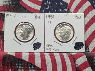 1947-P & 1951-D Roosevelt Dimes - Both 90% Silver