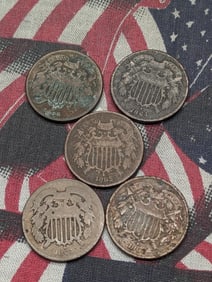 5 - Cull Two Cent Pieces. All Have Dates. No Holes - (3) 1864's, (1) 1865, & (1) 186?