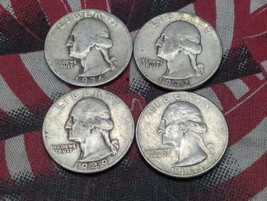 Four Washington Quarters 1936-D, 1942-P, 1949-D, 1964-D