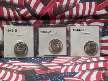 1942-S, 1944-P, & 1944-S UNC Silver Wartime Jefferson Nickels - All 35% Silver