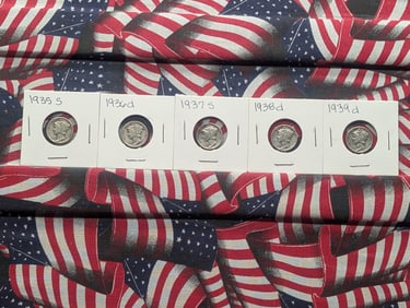 5 MINT MARKED MERCURY Dimes 1935-S, 1936-D, 1937-S, 1938-D, and 1939-D