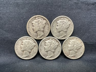 Five Mercury Silver Dimes, 1936, 1939, 1941, 1942, 1945 - All 90% Silver