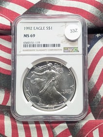 1992 MS69 American "Silver" Eagle, (Graded by NGC) - One Troy Ounce .999 Fine Silver