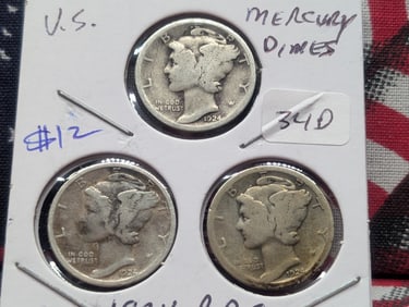 1924 P,D,S Silver Mercury Dimes - Complete Year Set! - 90% Silver