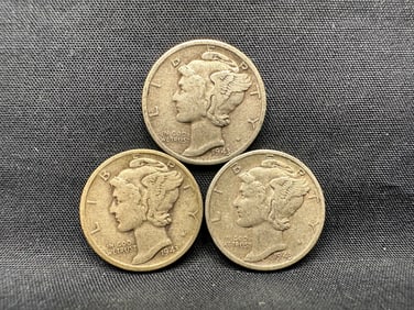 1943 P, D & S Mercury Silver Dimes - All 90% Silver