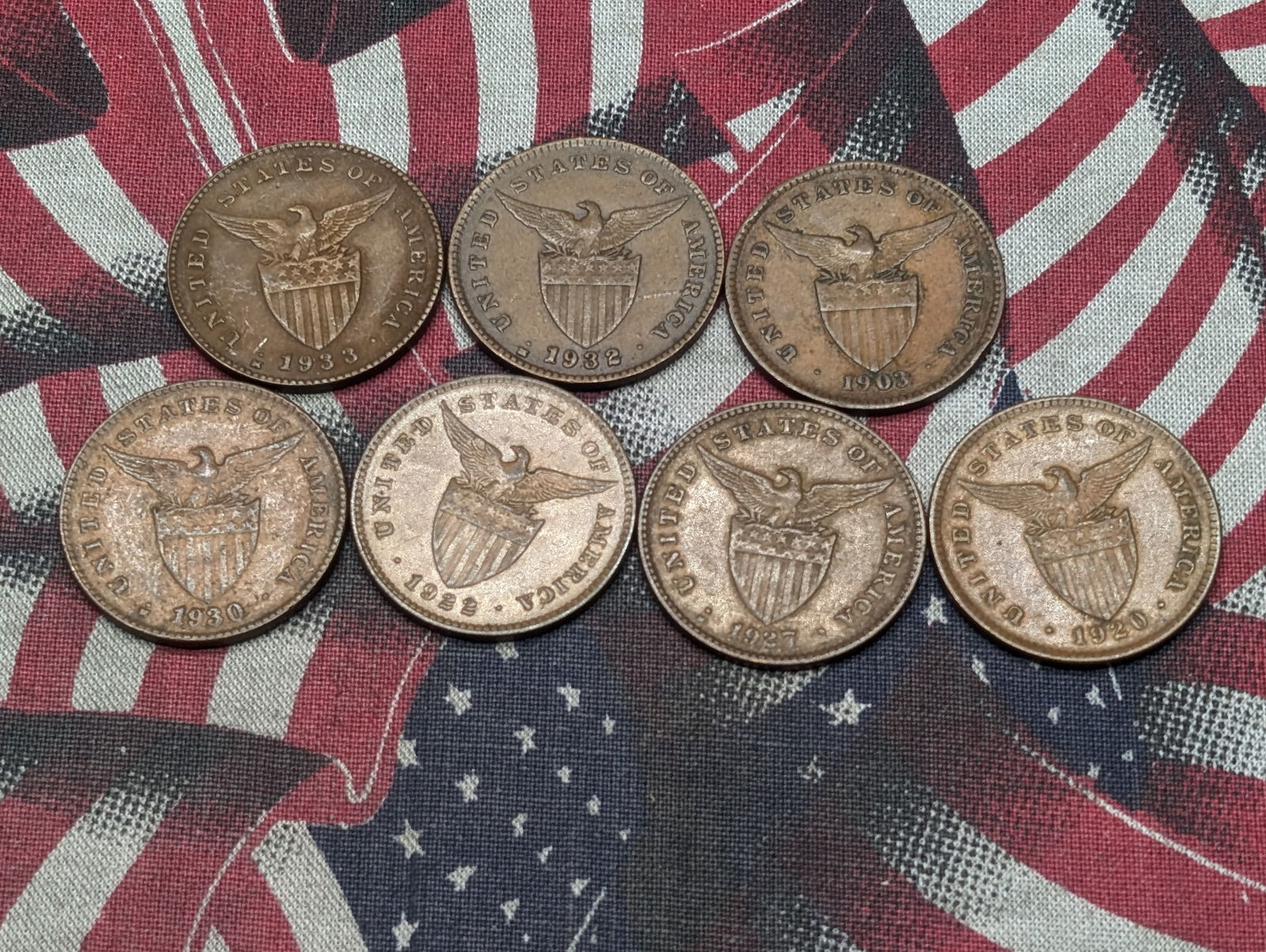 7 - Different Date Philippine 1 Centavos. 1903-1933. Circulated. (1 of 2)