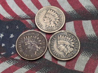 1859, 1862, + 1864 Copper Nickel Indian Head Cents.
