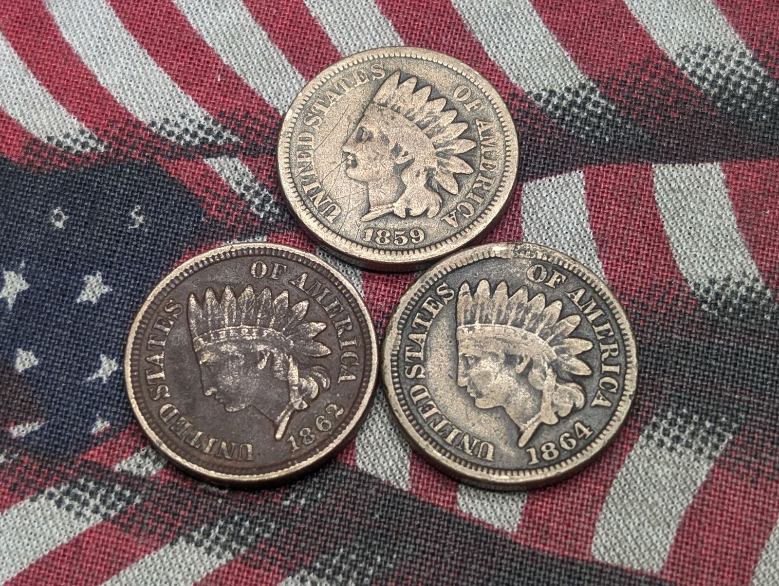 1859, 1862, + 1864 Copper Nickel Indian Head Cents. (1 of 2)