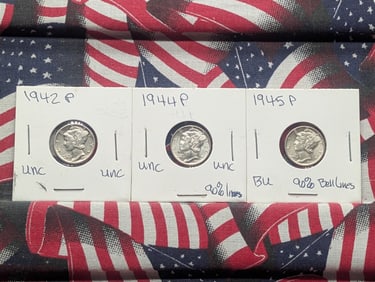 1942 P (Unc), 1944 P (Unc) and 1945 P (BU ) "MERCURY DIMES"