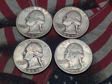 Four Washington Quarters 1943-P, 1943-S, 1944-S, 1945-S