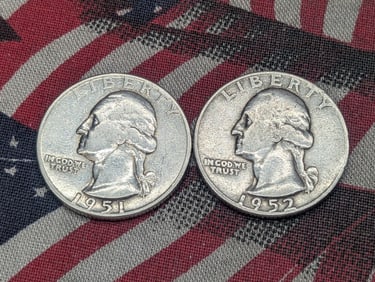 1951 & 1952-D, 90% Silver, Washington Quarters, Over 70 Years Old