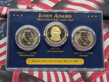 2007 P, D&S John Adams Three Coin Presidential Dollar Set - Proof & Uncirculated