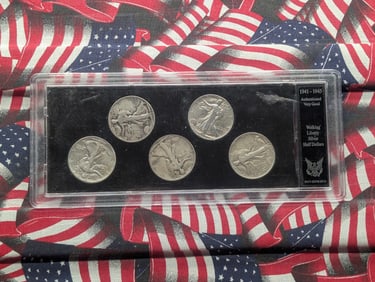 Five Walking Liberty Half Dollars 1941 P, 1942 P, 1943 D, 1944 P, and 1945 D