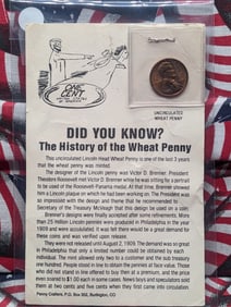 1958 Uncirculated Lincoln Wheat Cent w/History Card