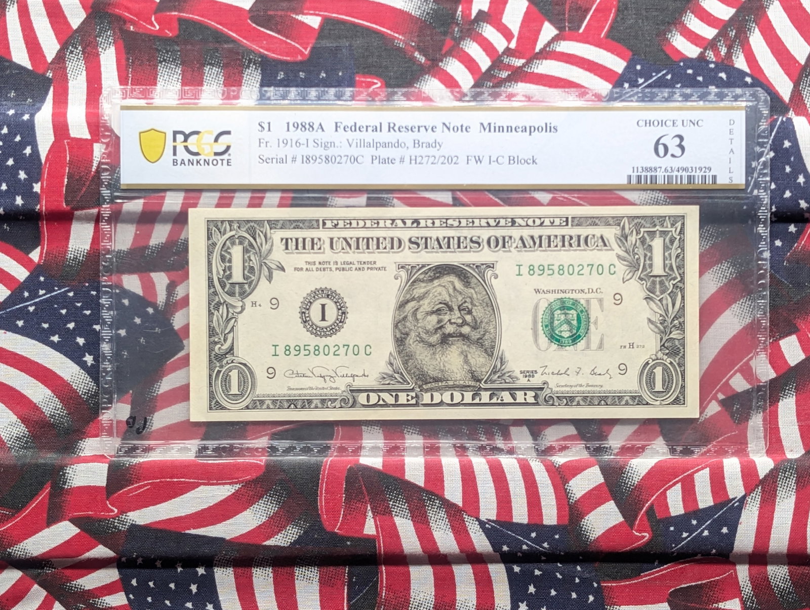 1988-A U.S. Federal Reserve One Dollar Santa Claus Note Graded 63 Choice UNC By PCGS: 1988-A U.S. Federal Reserve One Dollar Santa Claus Note Graded 63 Choice UNC By PCGS