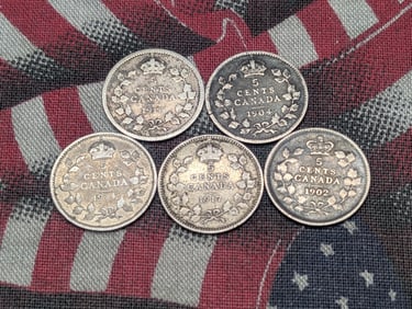 Five "CANADIAN" SILVER Nickels, 1902, 1904, 1910, 1914, and 1917 - 92.5% Silver & 1.162 Gr.