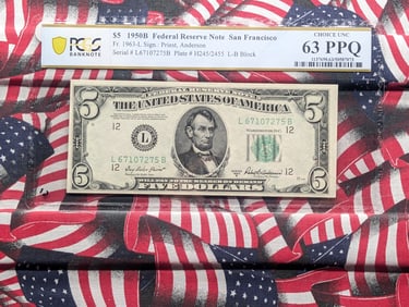 1950-B U.S. Federal Reserve Five Dollar Note Graded 63 PPQ Choice UNC By PCGS