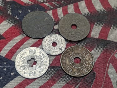 Five 1940's Tax Tokens, Washington, Missouri, Colorado, Oklahoma & Utah